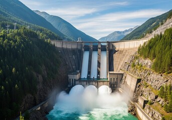 Massive hydroelectric dam discharging water in a lush mountain valley, renewable energy concept