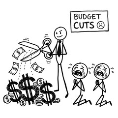 Obraz premium Hand-drawn stick figure illustration of a manager announcing budget cuts by cutting money symbols with scissors