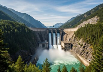 Massive hydroelectric dam discharging water in a lush mountain valley, renewable energy concept