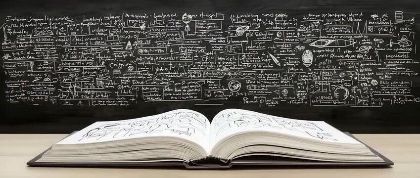 Open book rests on desk beneath a blackboard filled with complex white chalk formulas and diagrams