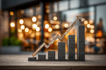 Carbon reduction descending steps icon in focus with blurred corporate office background