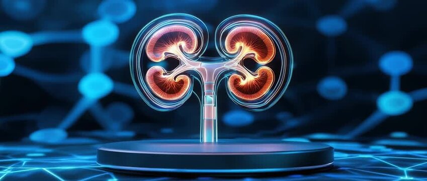 Glowing three dimensional human kidney model displayed on a futuristic blue digital platform