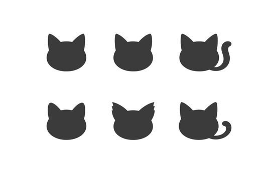 Collection of six different dark grey cat head silhouettes on a white background