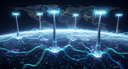 5 G network concept with glowing towers and lines on a map social media thumbnail poster banner download 2026 2027