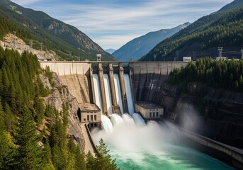 Massive hydroelectric dam discharging water in a lush mountain valley, renewable energy concept