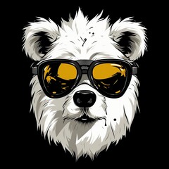 Playful White Fluffy Dog Portrait Wearing Sleek Yellow Sunglasses Against Black Background