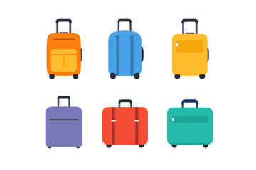 Collection of colorful rolling suitcases and luggage for travel and holidays