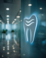 Tooth sensitivity wave icon in sharp focus with blurred dental clinic treatment room background
