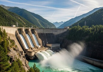 Massive hydroelectric dam discharging water in a lush mountain valley, renewable energy concept
