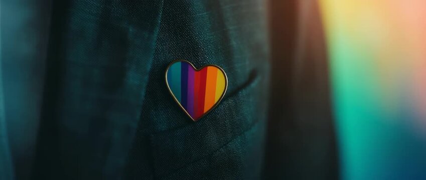 Close up of rainbow heart lapel pin attached to dark textured fabric with colorful light flare