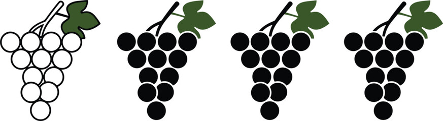Set of grape bunch icons in outline and silhouette styles with green leaves for wine, fruit, and organic food. © Vactor Itbd