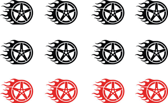 Set of flaming car wheel icons in black and red colors isolated on white background for racing design.