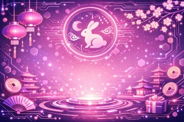 Obraz premium Chinese new year greeting design template background in futuristic purple color theme. Generative AI technology. 