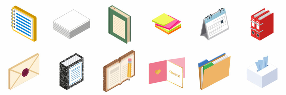Isometric Office and Stationery Supplies Icon Set: Notebooks, Binders, Calendar, Paper Stacks, File Folders, and Writing Materials Collection.