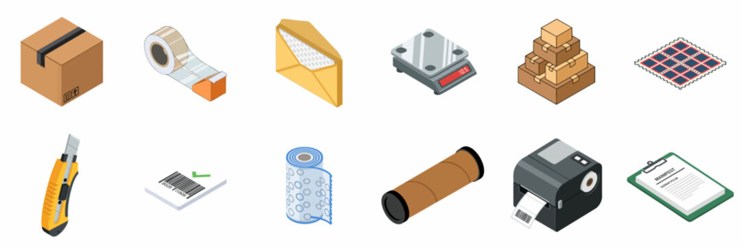 Isometric Logistics and Shipping Tools Icons Set: Parcel Box, Scale, Tape, Printer, Barcode, Stamp, and Packaging Supplies for Postal Service and Delivery.