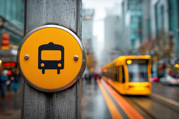 Yellow and black transit network node sign on pole with blurred train in urban setting