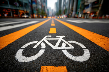 White Bicycle Lane Symbol Painted on Smooth Asphalt for Urban Cycling Safety