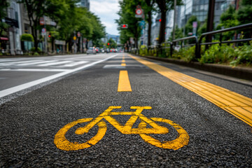 Urban bicycle lane marking on asphalt, painted bike symbol and guiding stripe