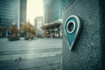 Blue shared mobility location pin icon on building wall, urban transport wayfinding