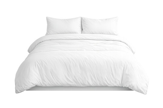 White bed with crisp bedding, featuring a soft duvet and two pillows, ready for sleep and relaxation, on transparent background