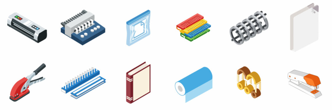 Isometric icons set of office supplies for document binding, laminating, punching, and presentation materials isolated on white background.