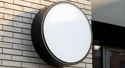 Blank round sign mounted on a brick wall with a shadow