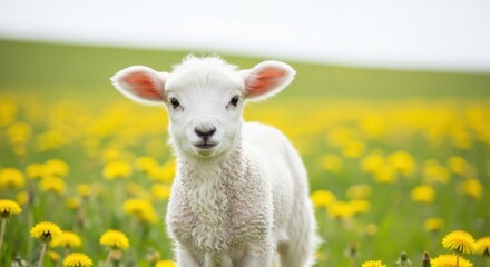 White lamb standing in green field with dandelions