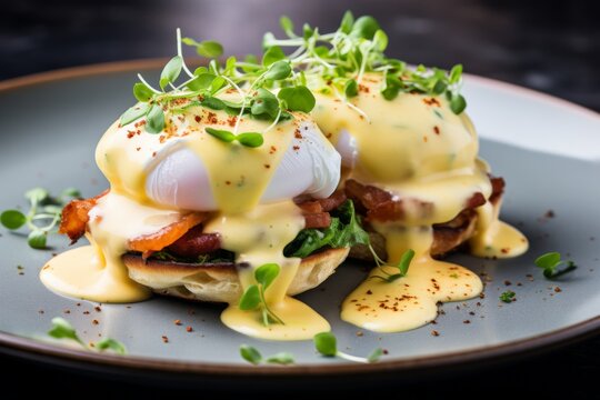 Delicious eggs benedict served with fresh microgreens and creamy hollandaise sauce on a rustic plate