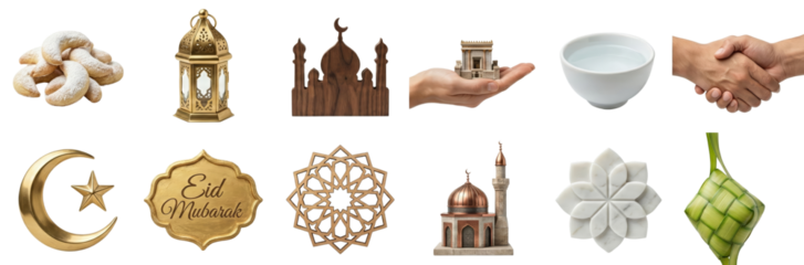 Eid Mubarak Islamic Icons: Crescent Moon, Mosque, Lantern, Cookies, Handshake, Ketupat