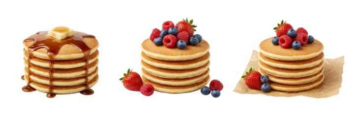 Three Stacks of Pancakes: Maple Syrup & Butter, Berries, Isolated