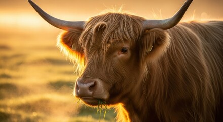 Highland cow grazing in golden hour light on a farm field