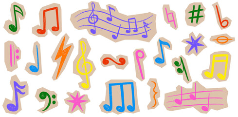 Scrapbook crayon music notes set. Doodle scribble musical symbol shapes. Collage texture music notes on cutout paper. Vector torn craft paper elements for music festival design, journaling, party. © PawLoveArt