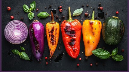 Row of Vibrant Multicolored Bell Peppers with Onion and Fresh Herbs on Dark Surface