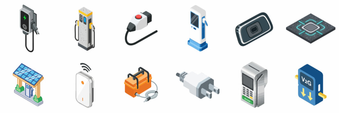 Electric Vehicle Charging Infrastructure Isometric Icons Set: EV Stations, Connectors, V2G Technology, and Smart Charging Solutions.