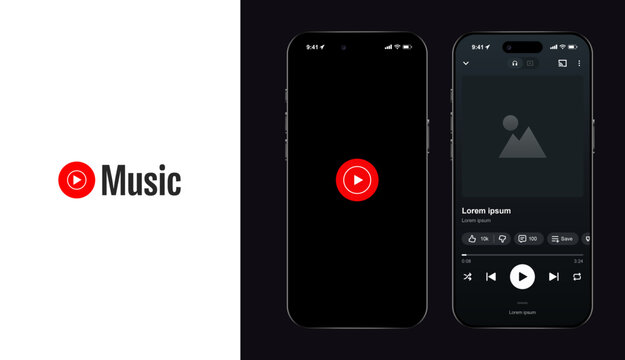 YouTube Music streaming service mockup with playlist layout, album artwork, and playback controls. Vector illustration of digital music platform user interface for modern audio.