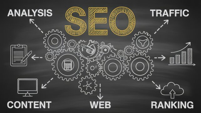 SEO concept diagram with interconnected gears and elements drawn on a blackboard