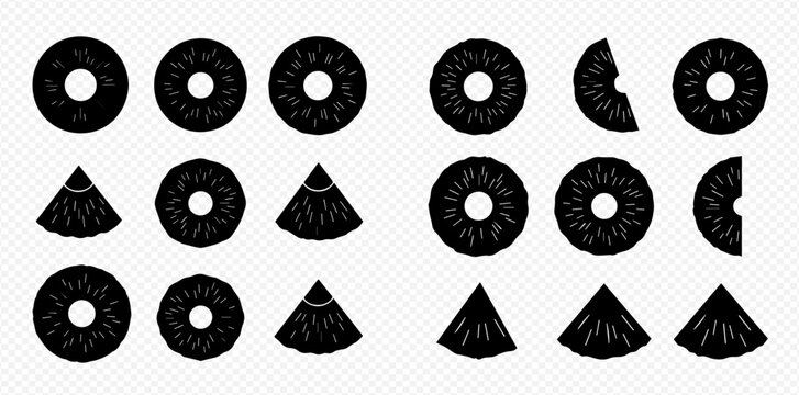 Black silhouette of pineapple slices and wedges, tropical fruit vector illustration set.