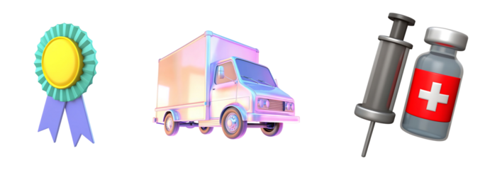 A bundle of 3D icons including a medal, delivery truck, and medical syringe on transparent background