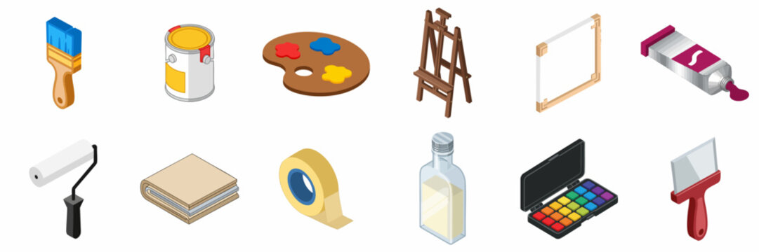Collection of isometric 3D icons featuring professional art studio and home improvement painting tools, including brushes, roller, easel, and paint supplies.