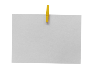 Blank paper sheet held by yellow clothespin isolated on transparent background.