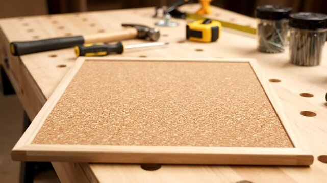 DIY corkboard crafting project with tools on a wooden workbench in a workshop environment