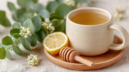 Overhead view of steaming green tea with lemon and honey