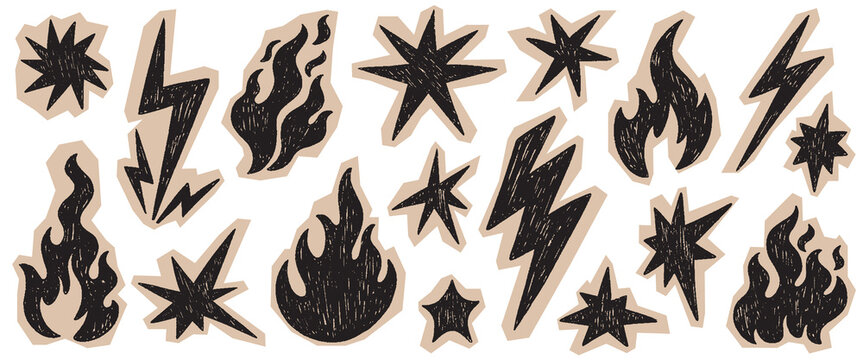 Scrapbook crayon lightning, fire and star. Scribbly texture doodles, Flash lightning fire star pastel punk rock set. Vector torn craft paper scribble elements, vintage rebel aesthetic.