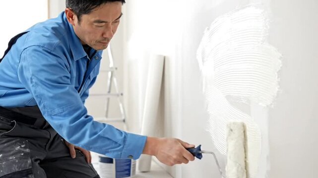 Asian man applying white paste with a paint roller on a wall during home renovation project.