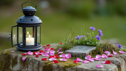 Lantern with candle and petals on moss-covered stone in garden setting for relaxation
