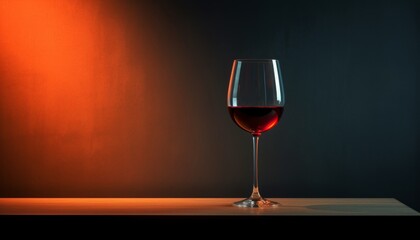 Elegant red wine glass showcasing a rich hue of wine against a dark background with soft orange lighting