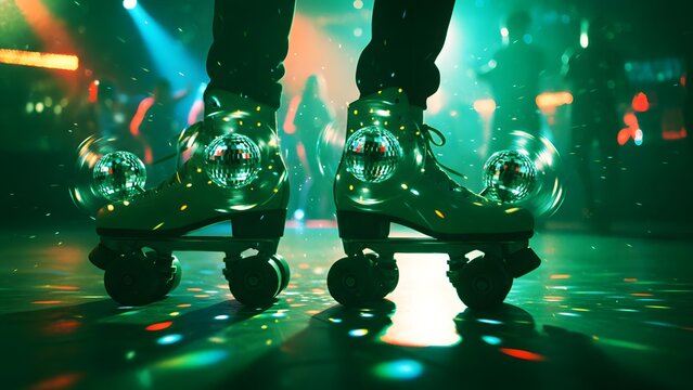 White roller skates with spinning disco balls attached, retro 70s party vibe, dance floor fun, nostalgic entertainment, disco funk aesthetic concept.