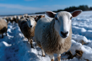 Fototapeta premium A curious sheep approaches the camera amidst a snowy landscape, highlighting the charm of rural life and the connection between animals and their environment in winter.