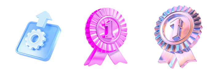 A bundle of 3D icons including a gear, a pink ribbon, and a medal on transparent background
