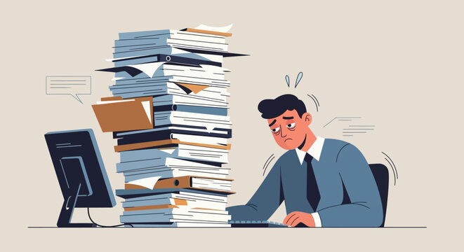 Man overwhelmed by paperwork sitting at desk with computer and tall stack of documents